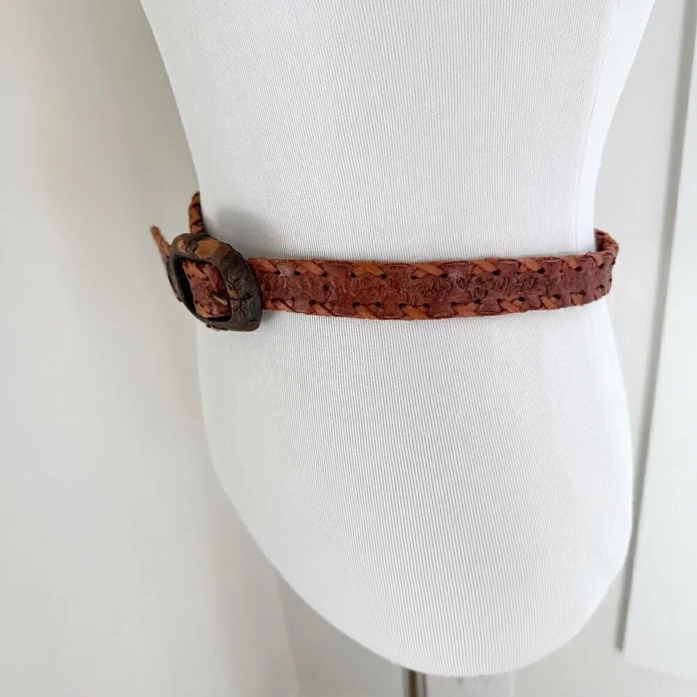 Vintage Hand Made Tooled Brown Western Leather Belt Mexico Wood Buckle 26-30 Sm